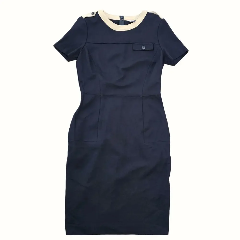 Black Knit Dress Tan Contrast Trim Epaulet Brooks Brothers Size 2 Stretch Pocket - Picture 9 of 9